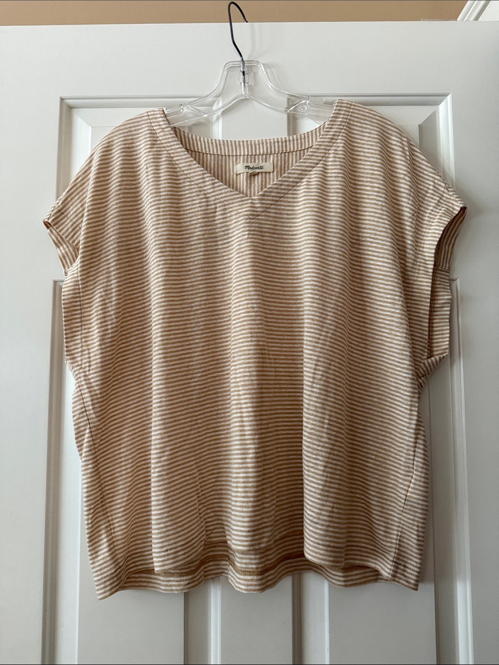 Madewell Beige and Cream Striped V-Neck Short Sleeve Top